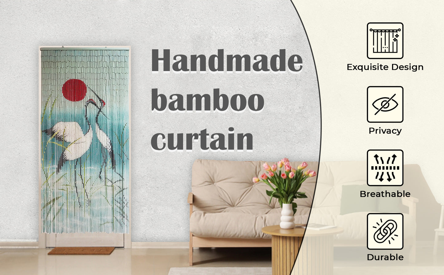 Vietbud Decor Bamboo Curtain Room Divider – Cranes with Red Sun Artwork, 90 × 200 cm – Natural Vietnamese Handcrafted Panel for Doorway, Wall Decor & Insect Barrier