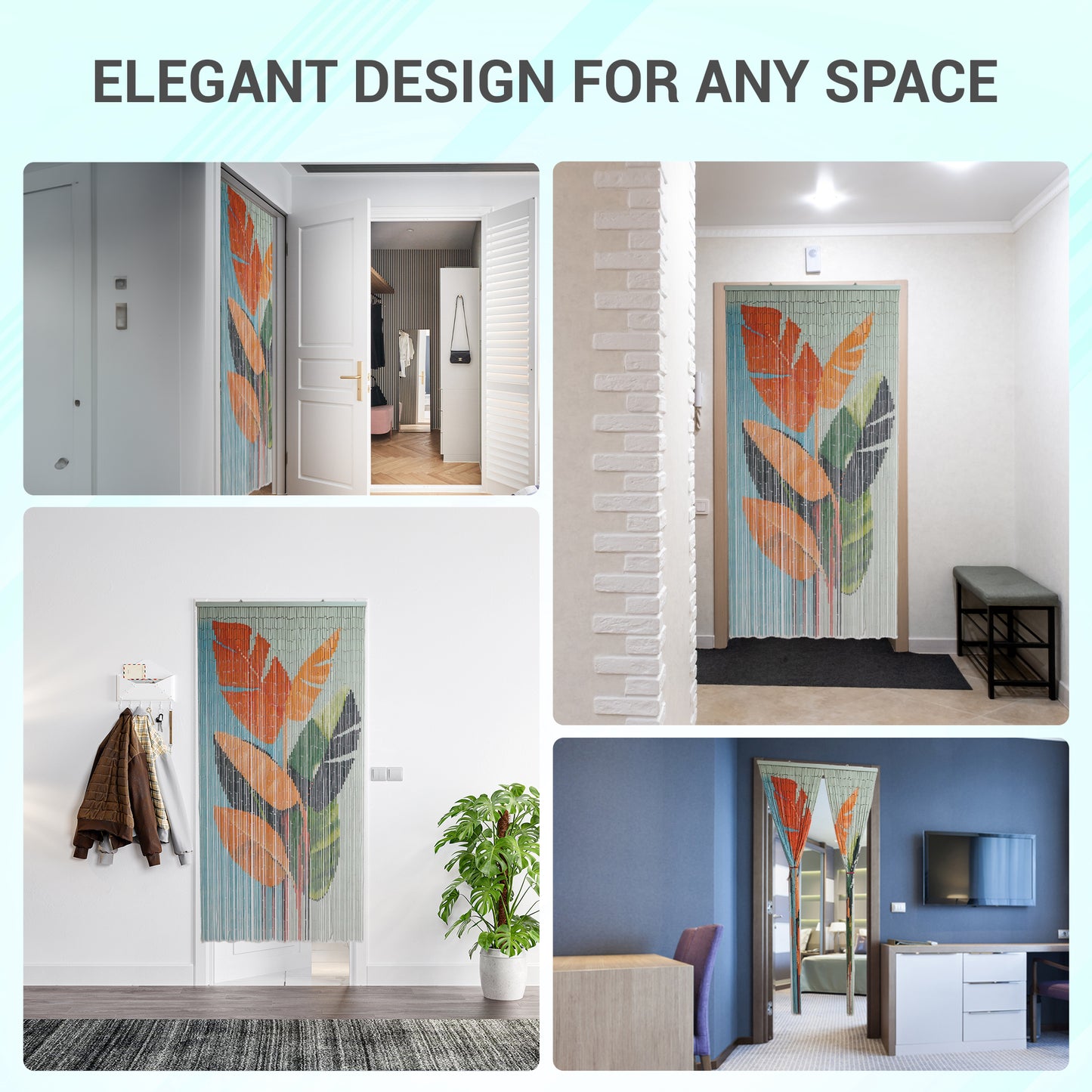 VIETBUD Tropical Bamboo Curtain Wall Art – Beaded Room Divider Panel with Leaf Print, Handcrafted Vietnamese Home Decor, 35.43" x 78.74"