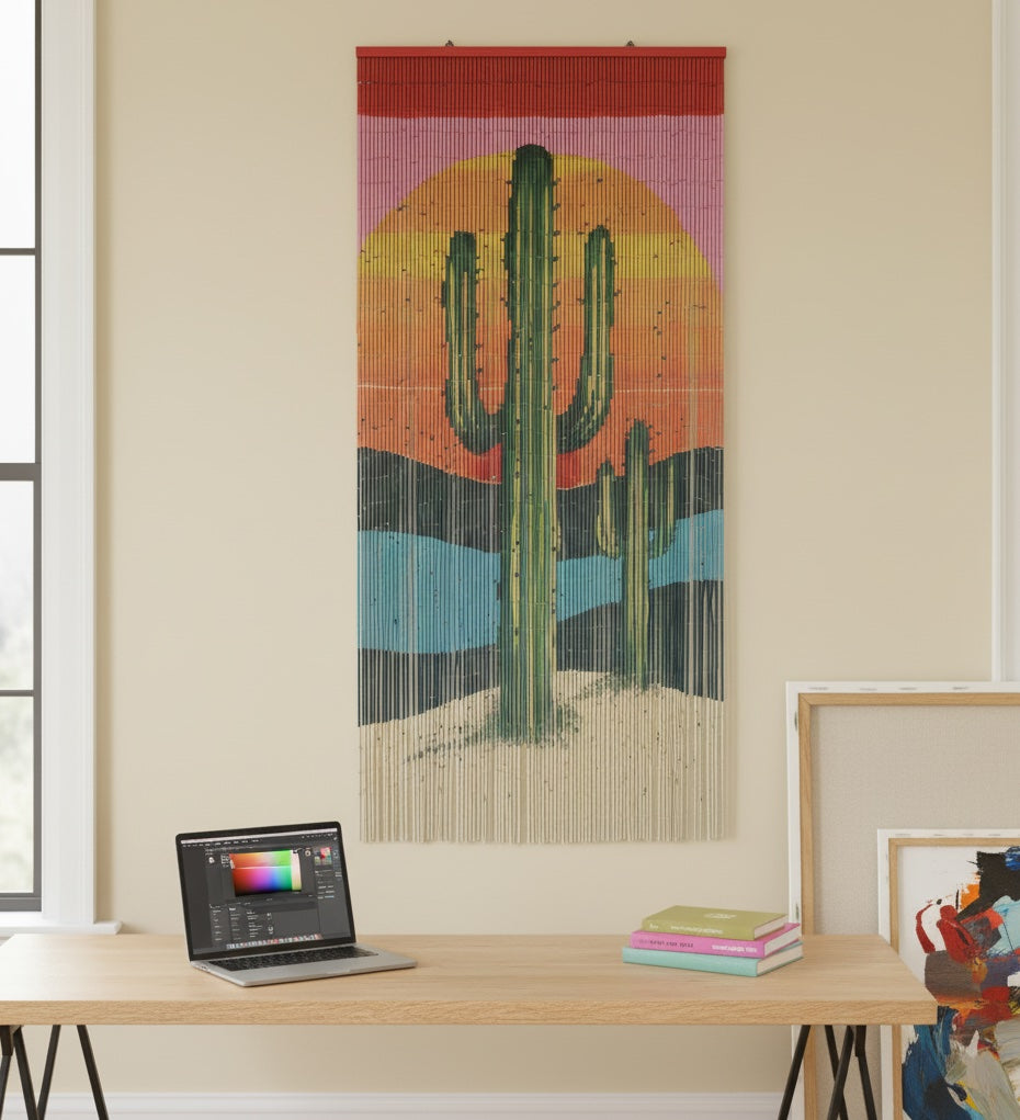 Vietbud Décor Bamboo Beaded Curtain with Cactus Print – Handmade Room Divider Wall Art + Easy Hanging Hooks for Doors & Windows – Natural Vietnamese Craft – 35.4 x 78.7 Inches