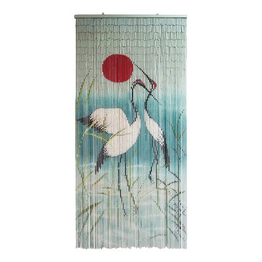Vietbud Bamboo Curtain Divider – Cranes & Red Sun Wall Art, Natural Vietnamese Hanging Panel 35×79 in