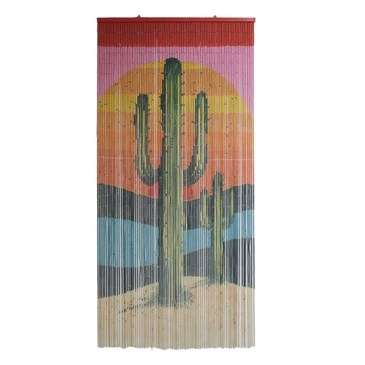 Vietbud Décor Bamboo Beaded Curtain with Cactus Print – Handmade Room Divider Wall Art + Easy Hanging Hooks for Doors & Windows – Natural Vietnamese Craft – 35.4 x 78.7 Inches