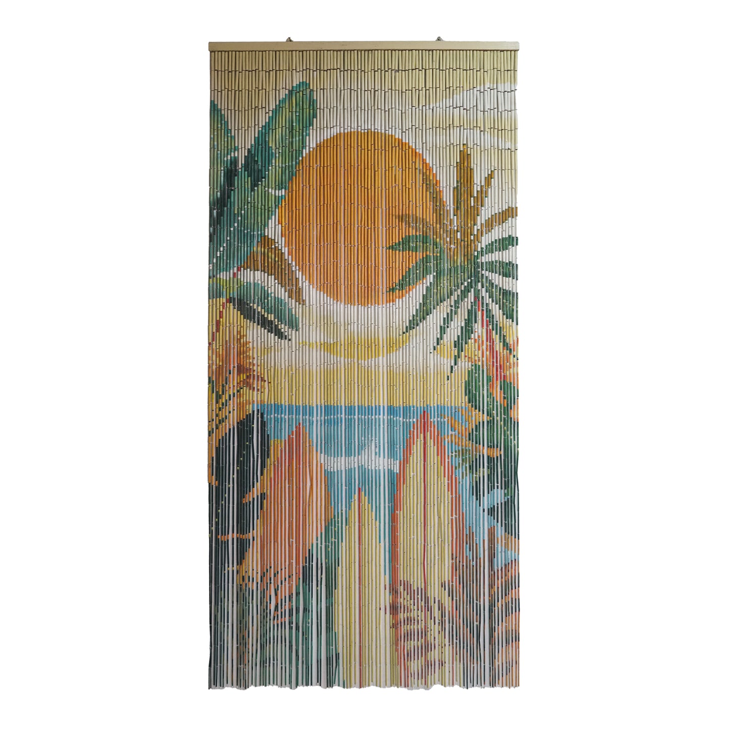 VIETBUD Bamboo Curtain Wall Art – “Summer Vibe” Tropical Leaf Beaded Panel, Natural Room Divider for Doorways, 35.43” x 78.74”, Vietnamese Handmade Decor