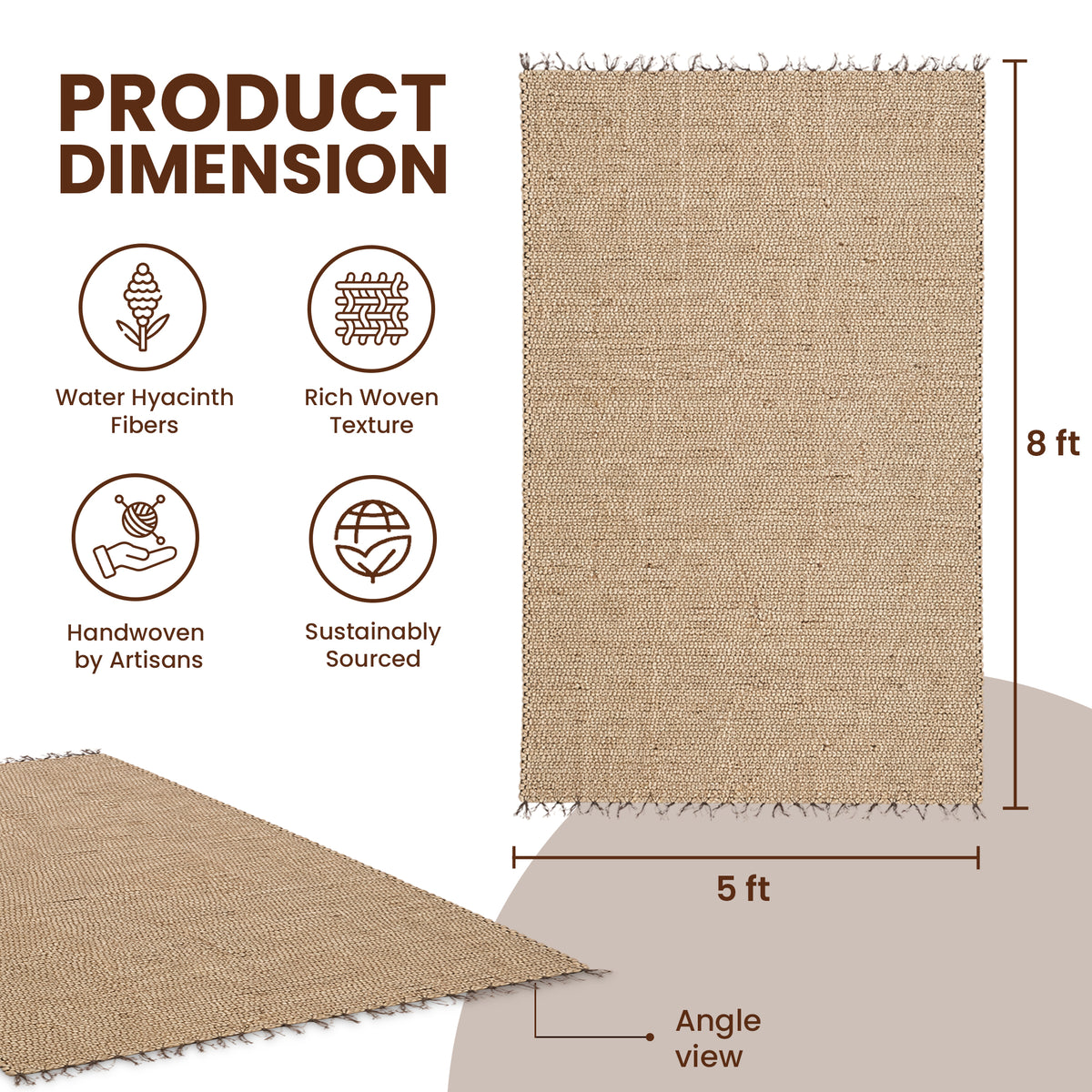 Vietbud Decor Water Hyacinth Rectangle Handwoven Area Rug (5 x 8 ft)