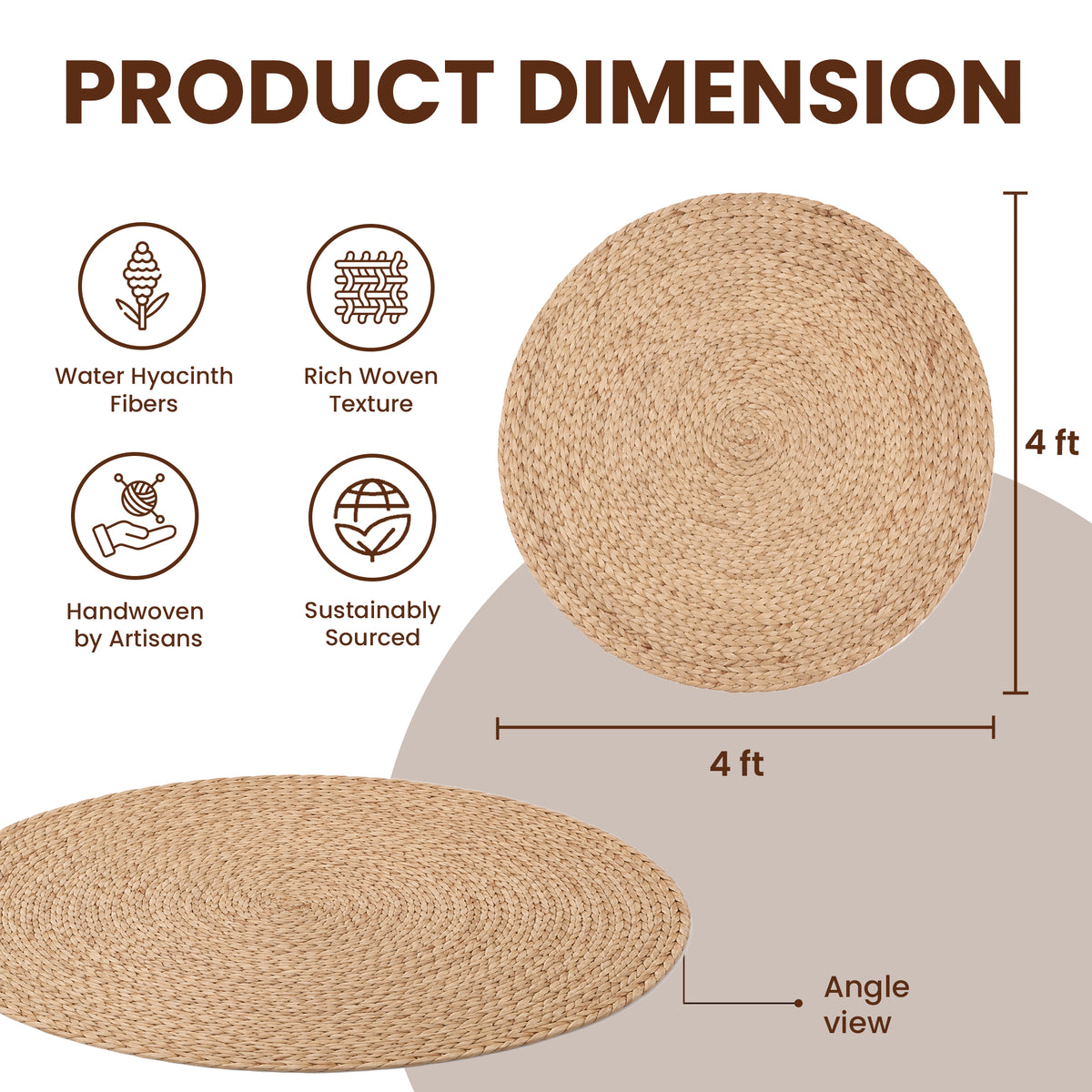 Vietbud Decor Water Hyacinth Round Handwoven Area Rug - 4 ft (122cm)