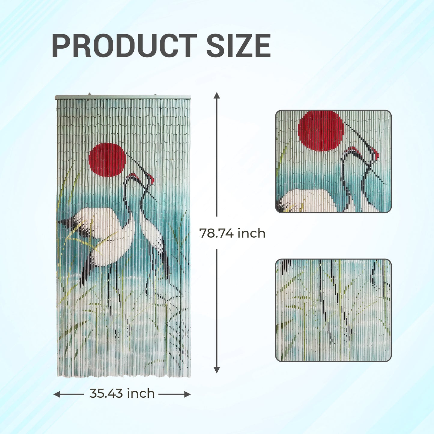 Vietbud Bamboo Curtain Divider – Cranes & Red Sun Wall Art, Natural Vietnamese Hanging Panel 35×79 in