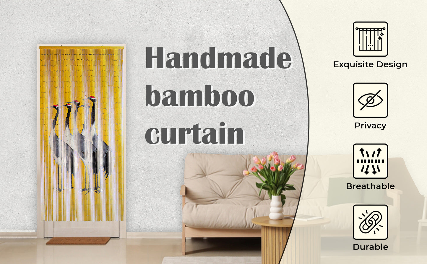 Vietbud Decor Bamboo Curtain Room Divider – Cranes with Red Sun Artwork, 90 × 200 cm – Natural Vietnamese Handcrafted Panel for Doorway, Wall Decor & Insect Barrier