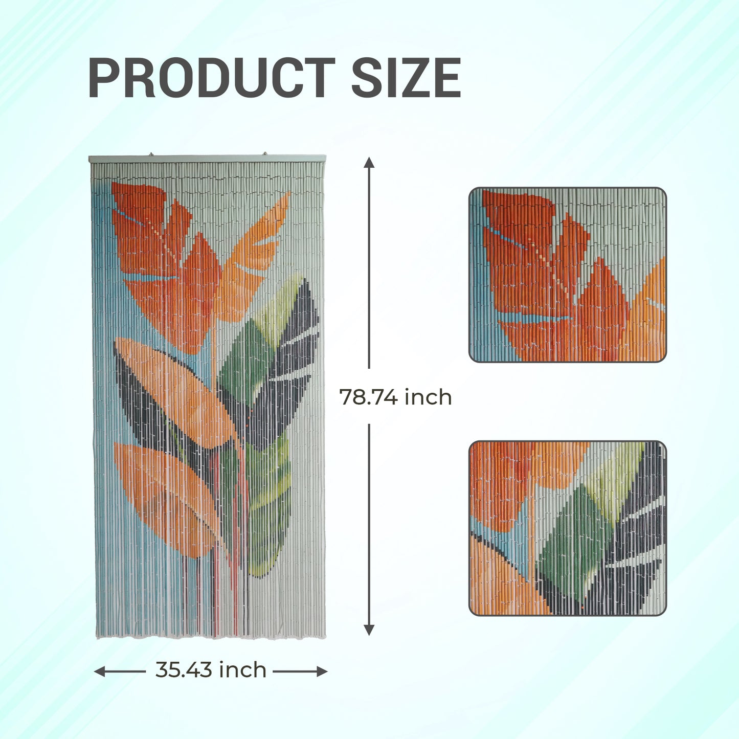 VIETBUD Tropical Bamboo Curtain Wall Art – Beaded Room Divider Panel with Leaf Print, Handcrafted Vietnamese Home Decor, 35.43" x 78.74"