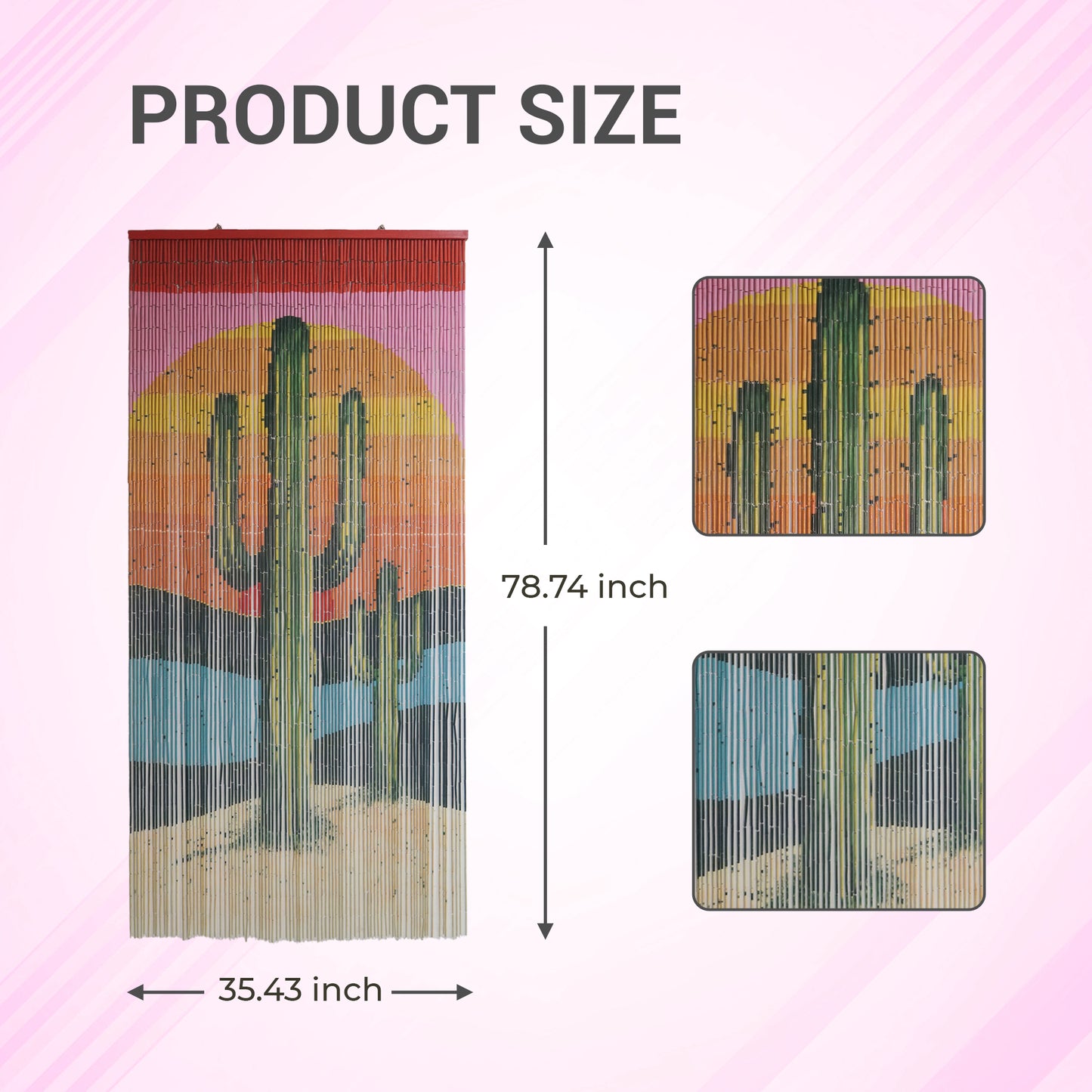 Vietbud Décor Bamboo Beaded Curtain with Cactus Print – Handmade Room Divider Wall Art + Easy Hanging Hooks for Doors & Windows – Natural Vietnamese Craft – 35.4 x 78.7 Inches