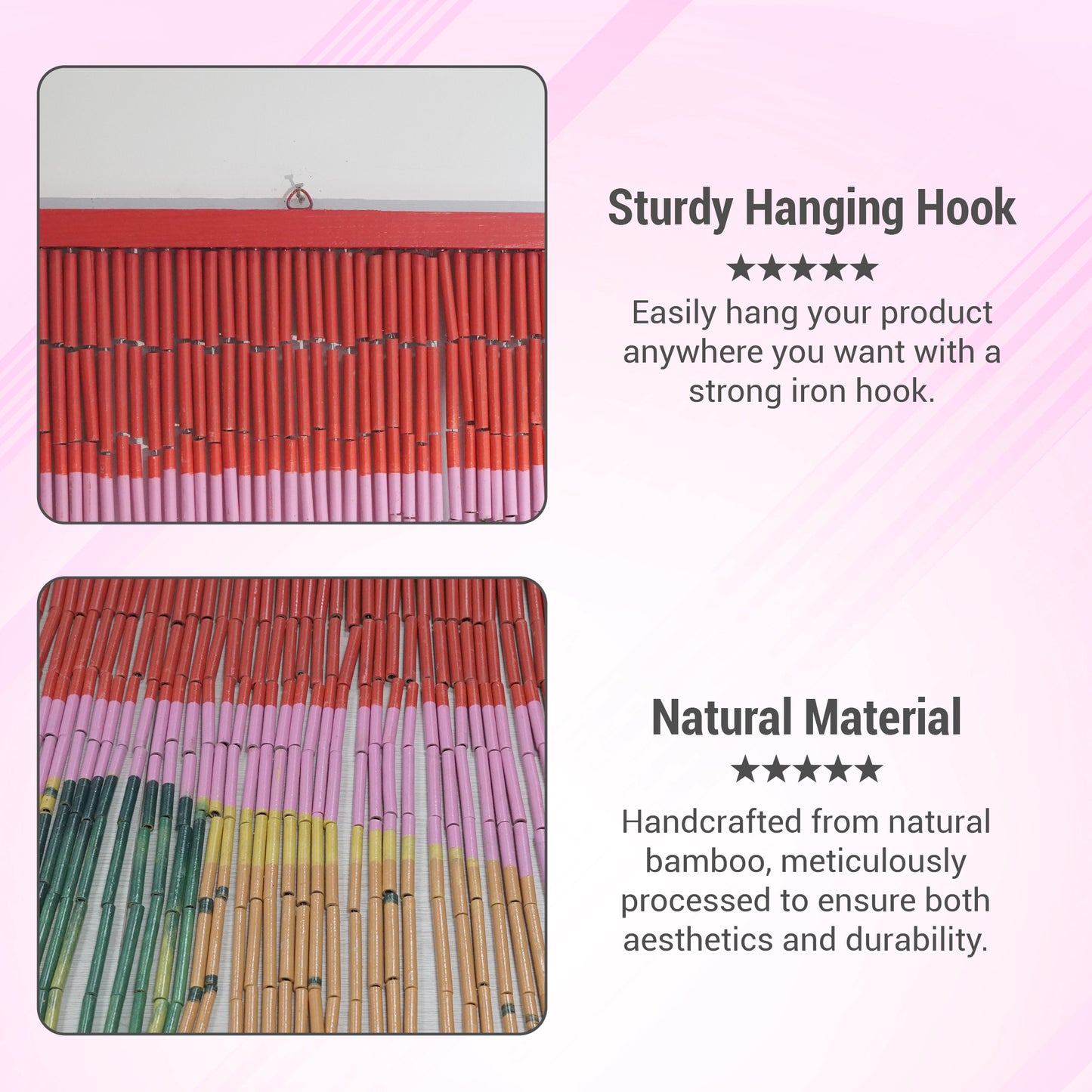 Vietbud Décor Bamboo Beaded Curtain with Cactus Print – Handmade Room Divider Wall Art + Easy Hanging Hooks for Doors & Windows – Natural Vietnamese Craft – 35.4 x 78.7 Inches