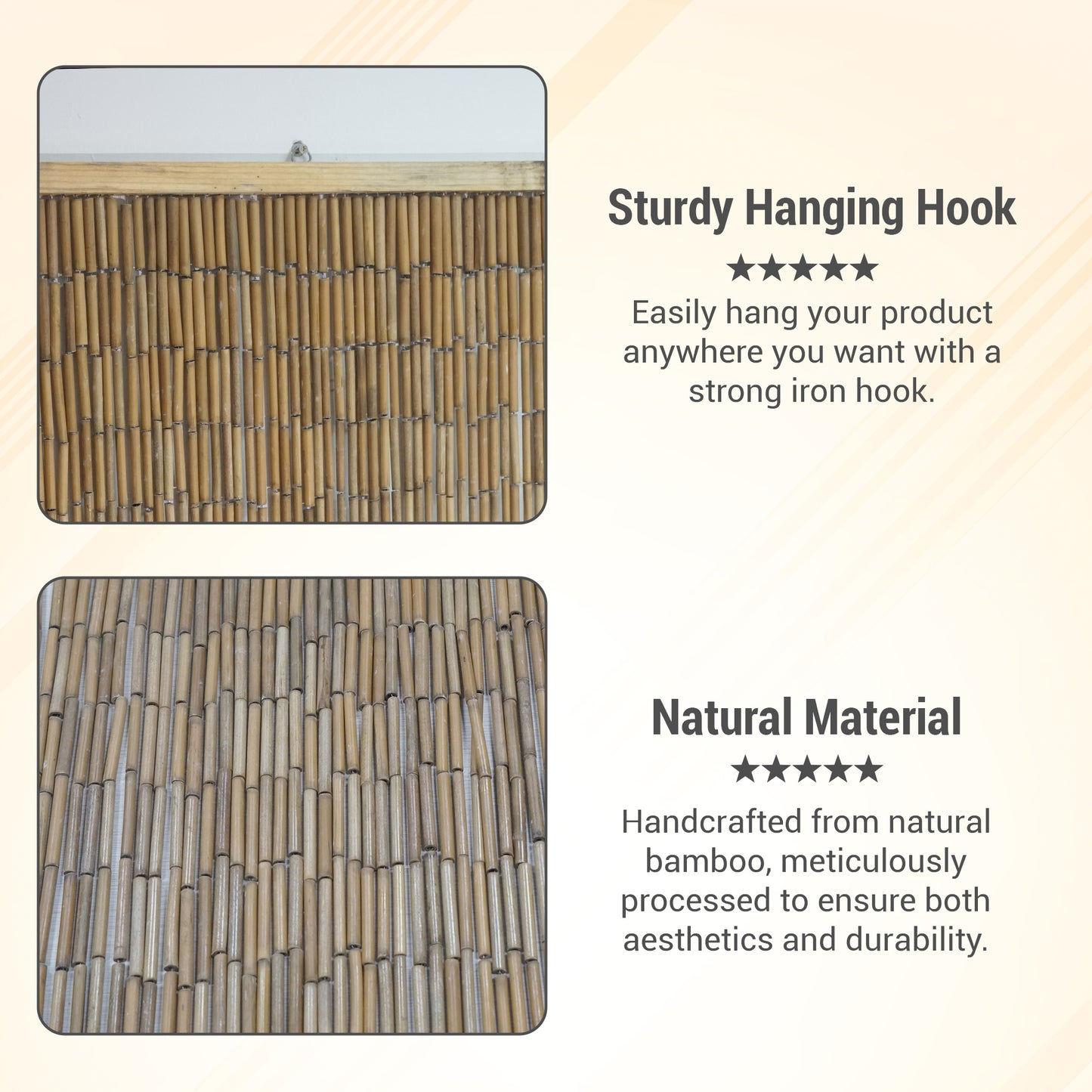 VIETBUD Natural Bamboo Beaded Curtain – Handcrafted Decorative Room Divider & Wall Art, 35.43 x 78.74 in, Lightweight Indoor Panel with Hooks