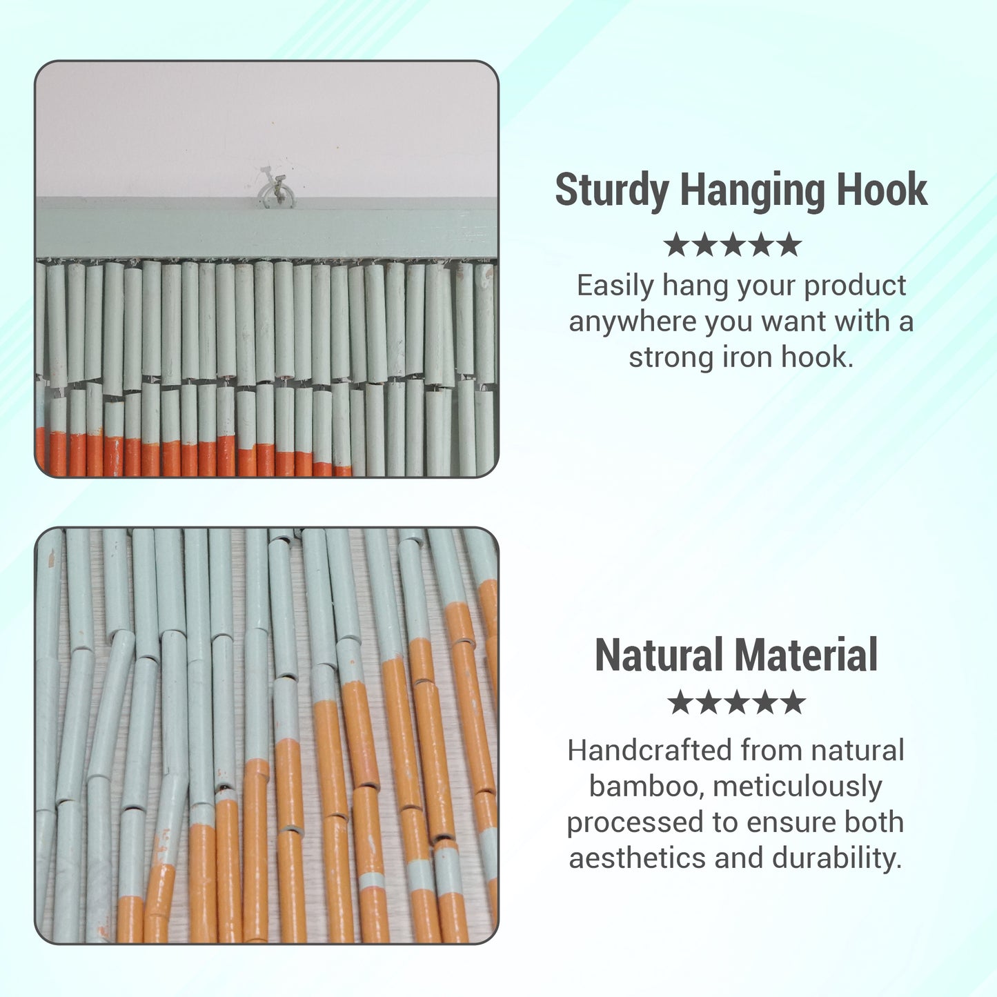 VIETBUD Tropical Bamboo Curtain Wall Art – Beaded Room Divider Panel with Leaf Print, Handcrafted Vietnamese Home Decor, 35.43" x 78.74"