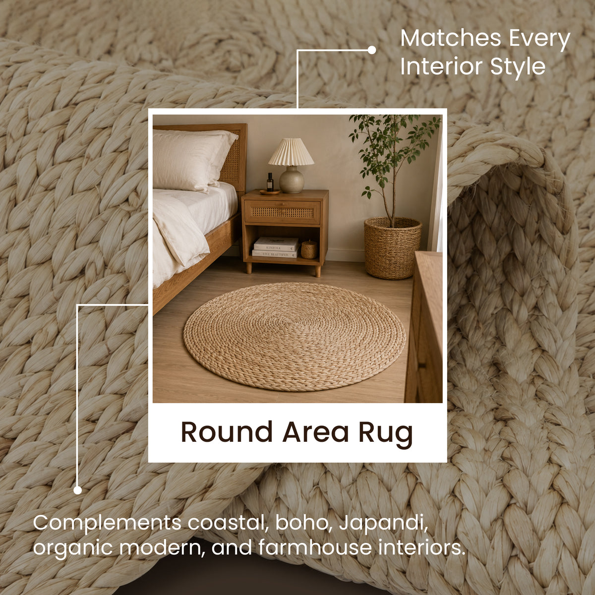 Vietbud Decor Water Hyacinth Round Handwoven Area Rug, 3 ft (91cm)