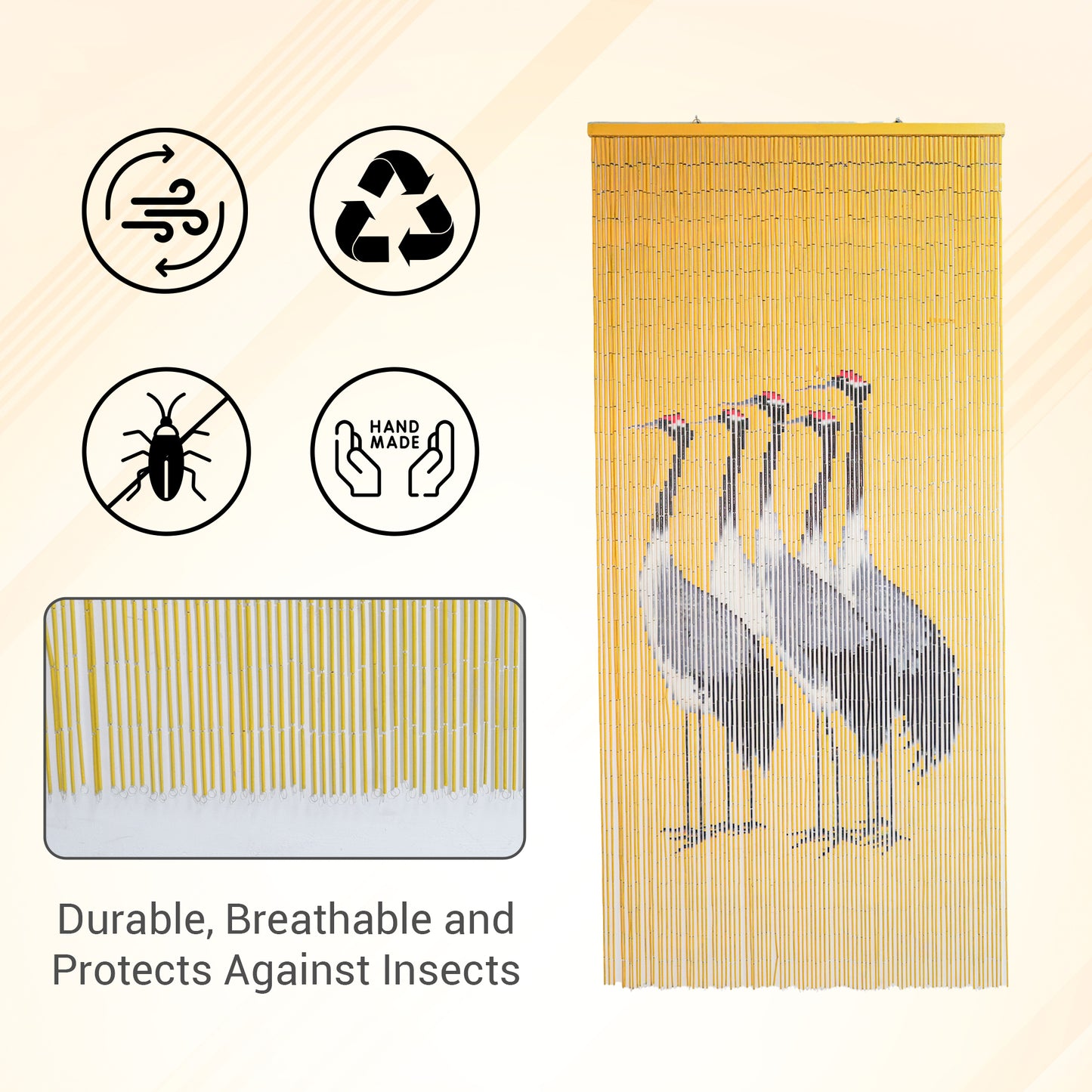 Vietbud Five Cranes Bamboo Curtain Divider – Hand‑Painted Crane Wall Art & Room Separator, Natural Vietnamese Bamboo, 35.4″ × 78.7″