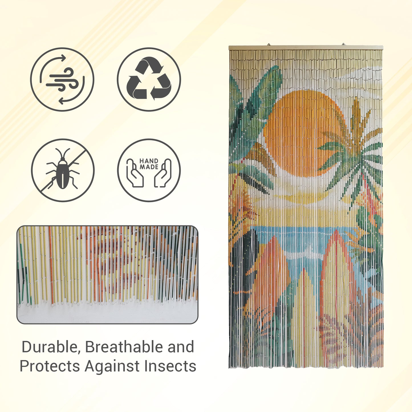VIETBUD Bamboo Curtain Wall Art – “Summer Vibe” Tropical Leaf Beaded Panel, Natural Room Divider for Doorways, 35.43” x 78.74”, Vietnamese Handmade Decor