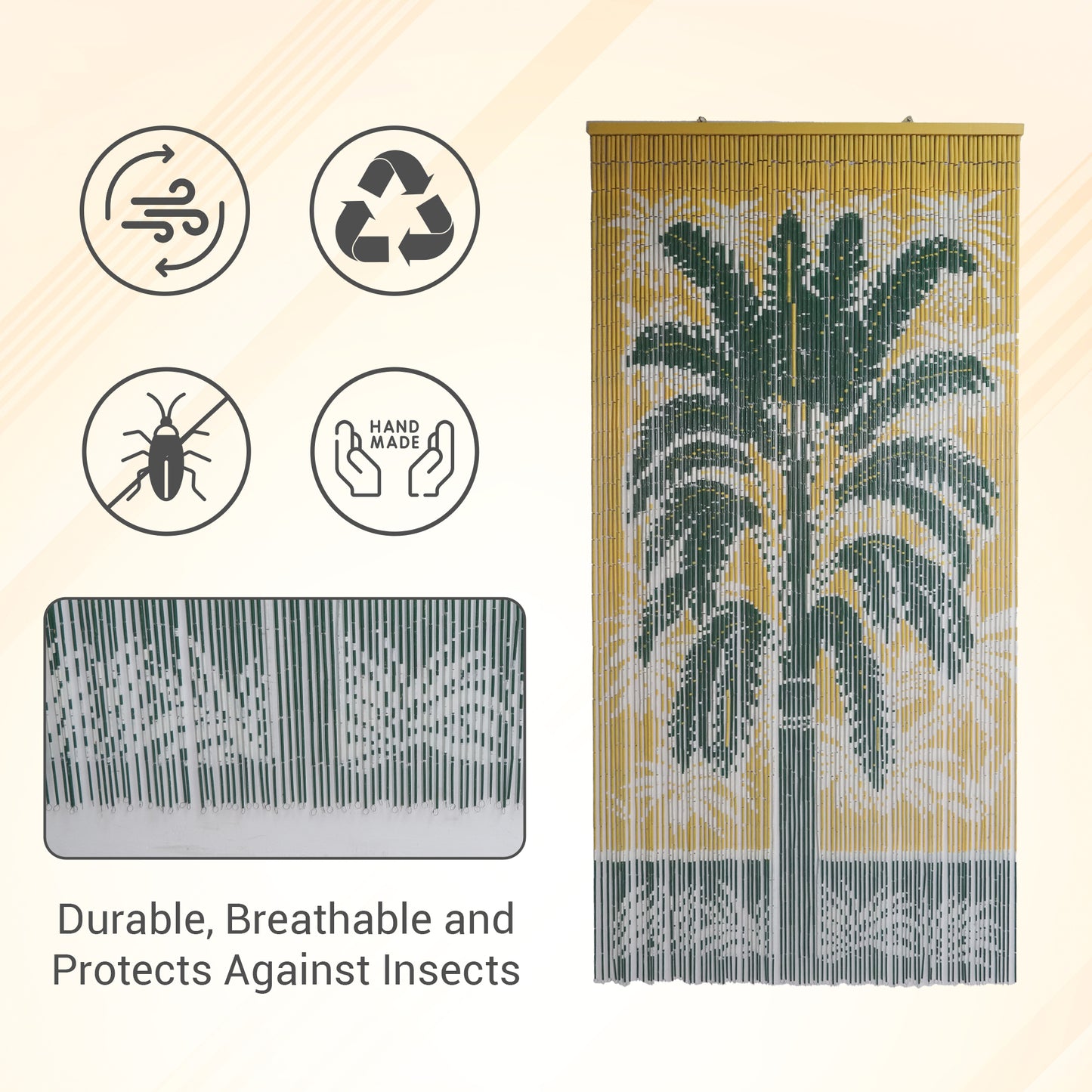 VIETBUD Palm Tree Bamboo Curtain – Handmade Tropical Room Divider & Wall Art, 35.43 x 78.74 in, Natural Vietnamese Bamboo, Eco Indoor Door Panel