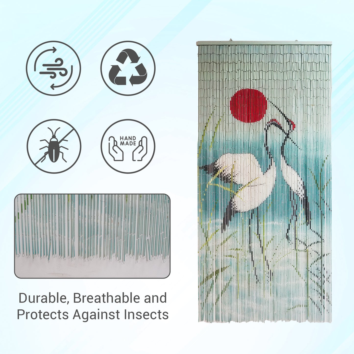 Vietbud Bamboo Curtain Divider – Cranes & Red Sun Wall Art, Natural Vietnamese Hanging Panel 35×79 in