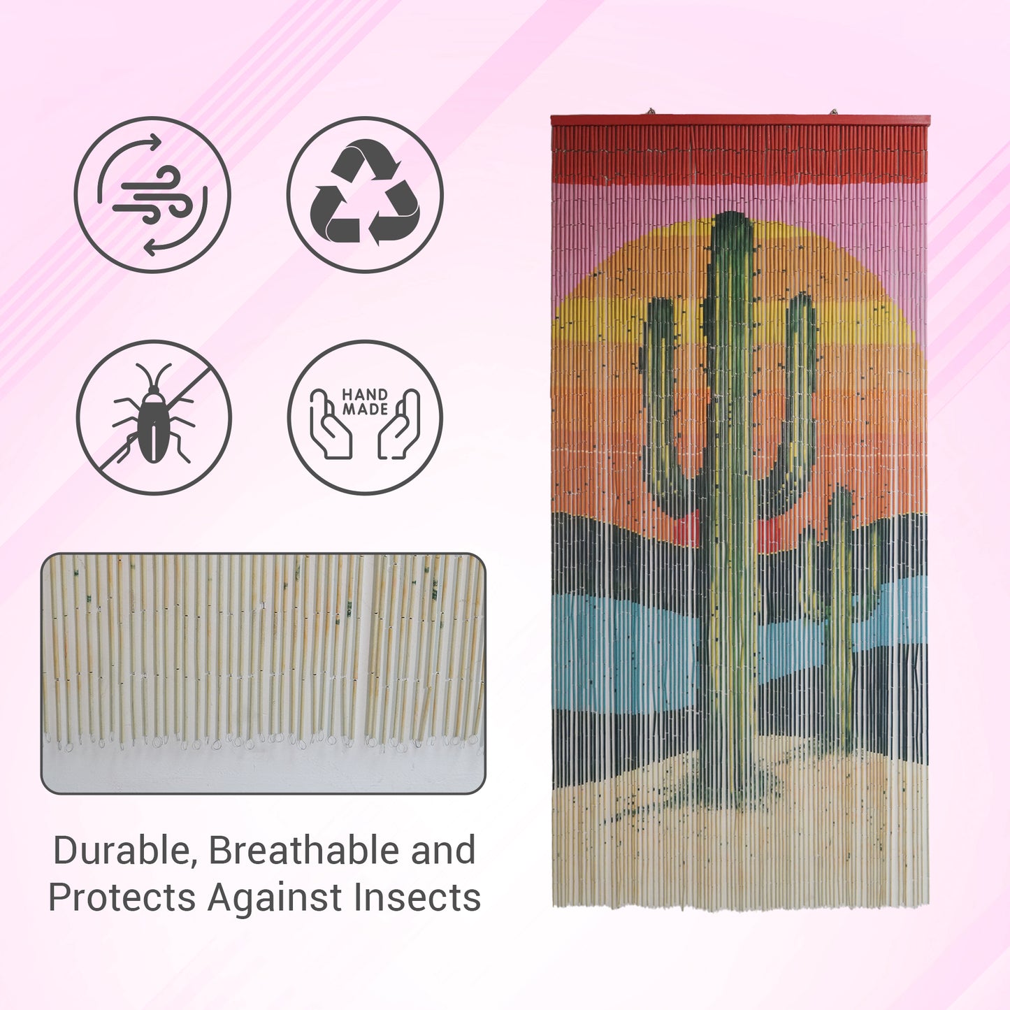 Vietbud Décor Bamboo Beaded Curtain with Cactus Print – Handmade Room Divider Wall Art + Easy Hanging Hooks for Doors & Windows – Natural Vietnamese Craft – 35.4 x 78.7 Inches