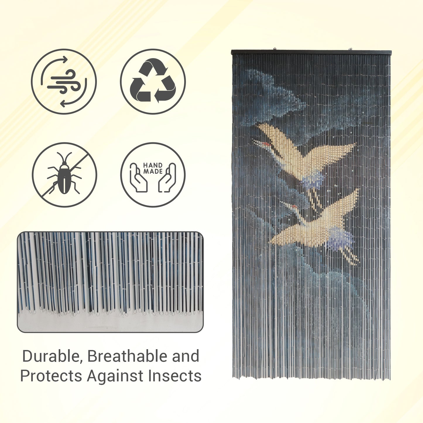 Vietbud Bamboo Wall Curtain “Flying Cranes at Night” – 35.4×78.7 in Natural Bamboo Decorative Room Divider / Wall Art Hanging