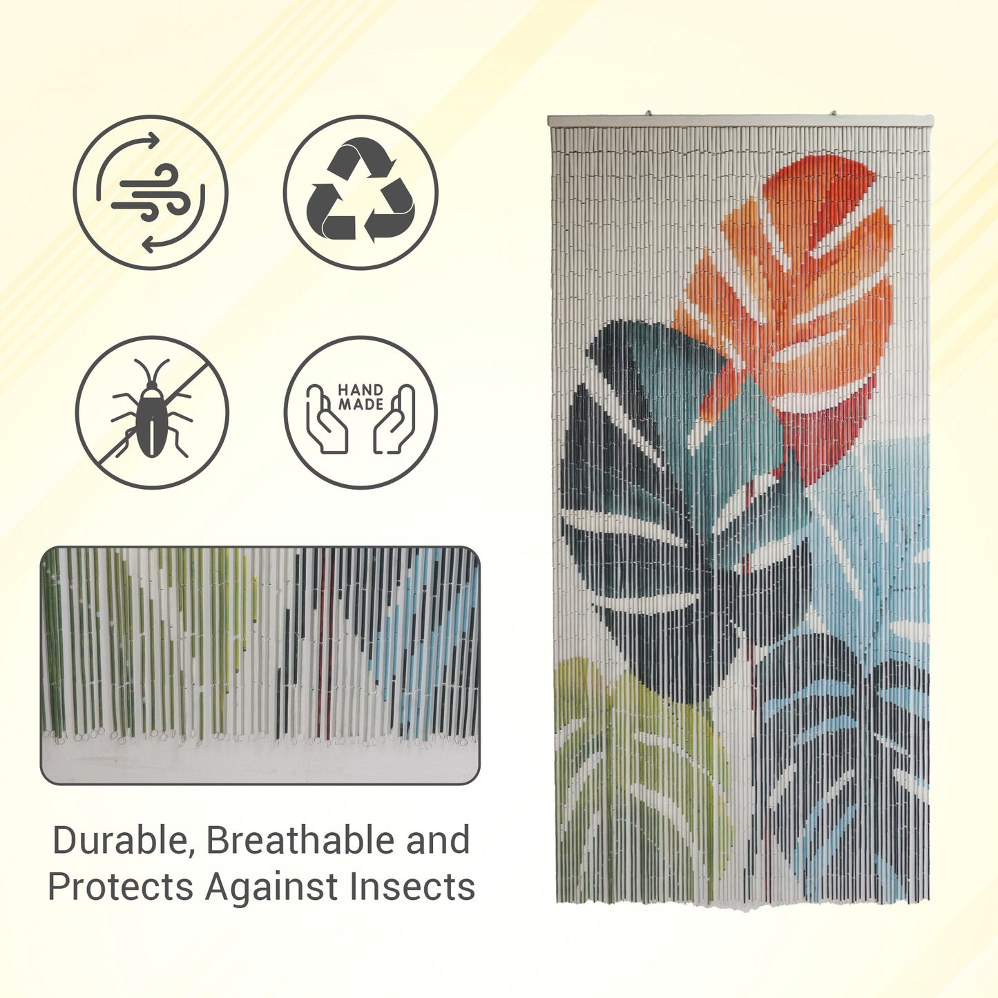 Vietbud Monstera Leaf Bamboo Beaded Curtain – Handcrafted Decorative Room Divider, Wall Art, Natural Vietnamese Design, 35.4 x 78.7 in