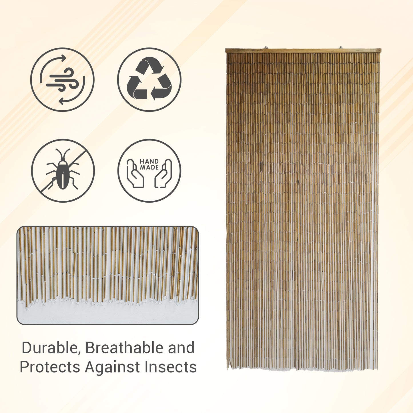 VIETBUD Natural Bamboo Beaded Curtain – Handcrafted Decorative Room Divider & Wall Art, 35.43 x 78.74 in, Lightweight Indoor Panel with Hooks