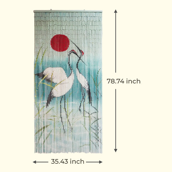 Vietbud Decor Bamboo Curtain Room Divider – Cranes with Red Sun Artwork, 90 × 200 cm – Natural Vietnamese Handcrafted Panel for Doorway, Wall Decor & Insect Barrier