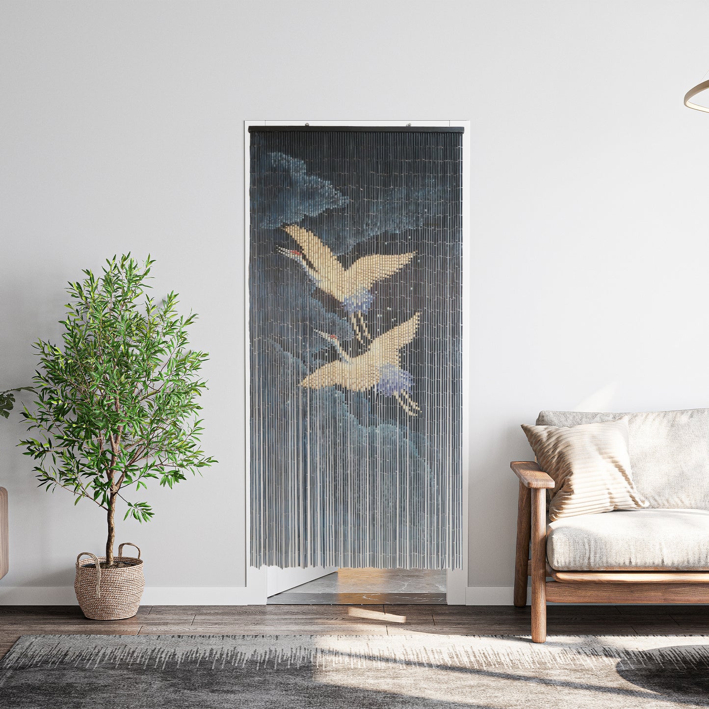 Vietbud Bamboo Wall Curtain “Flying Cranes at Night” – 35.4×78.7 in Natural Bamboo Decorative Room Divider / Wall Art Hanging