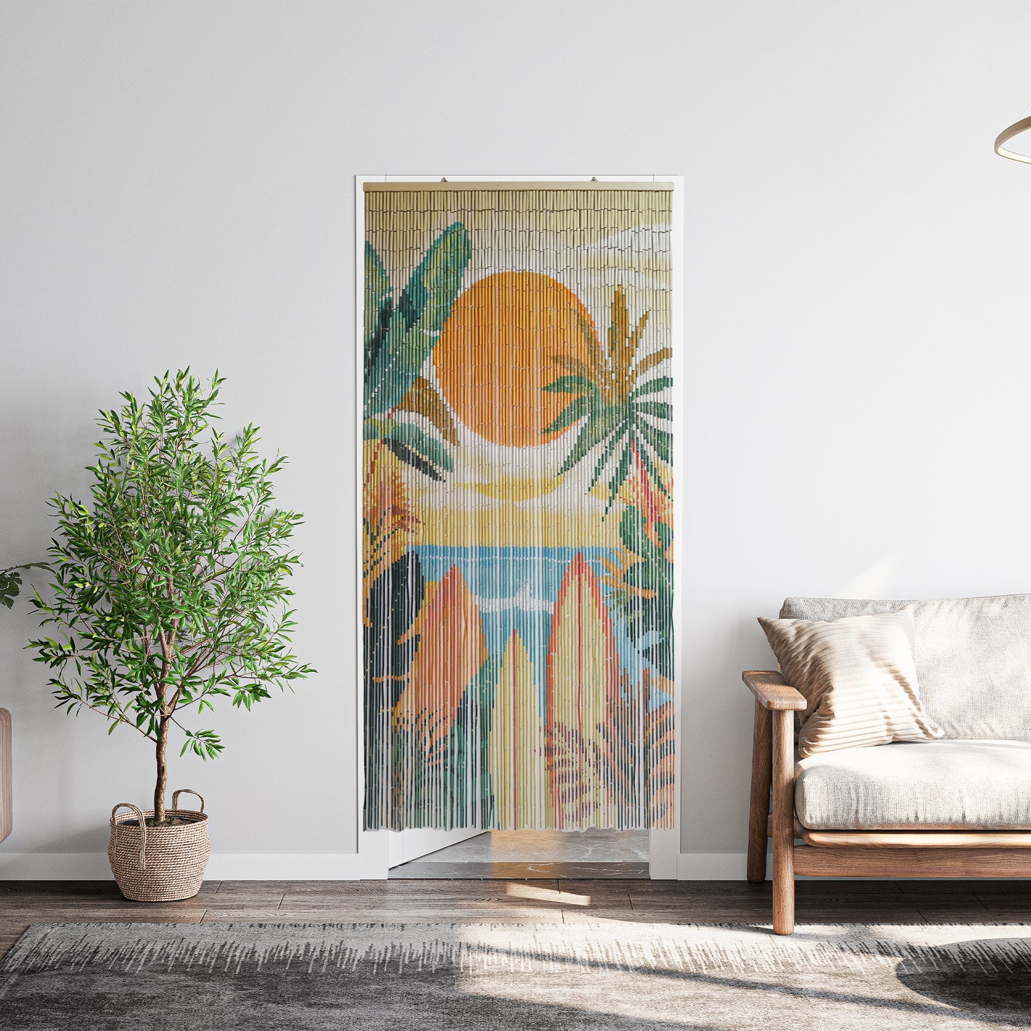 VIETBUD Bamboo Curtain Wall Art – “Summer Vibe” Tropical Leaf Beaded Panel, Natural Room Divider for Doorways, 35.43” x 78.74”, Vietnamese Handmade Decor
