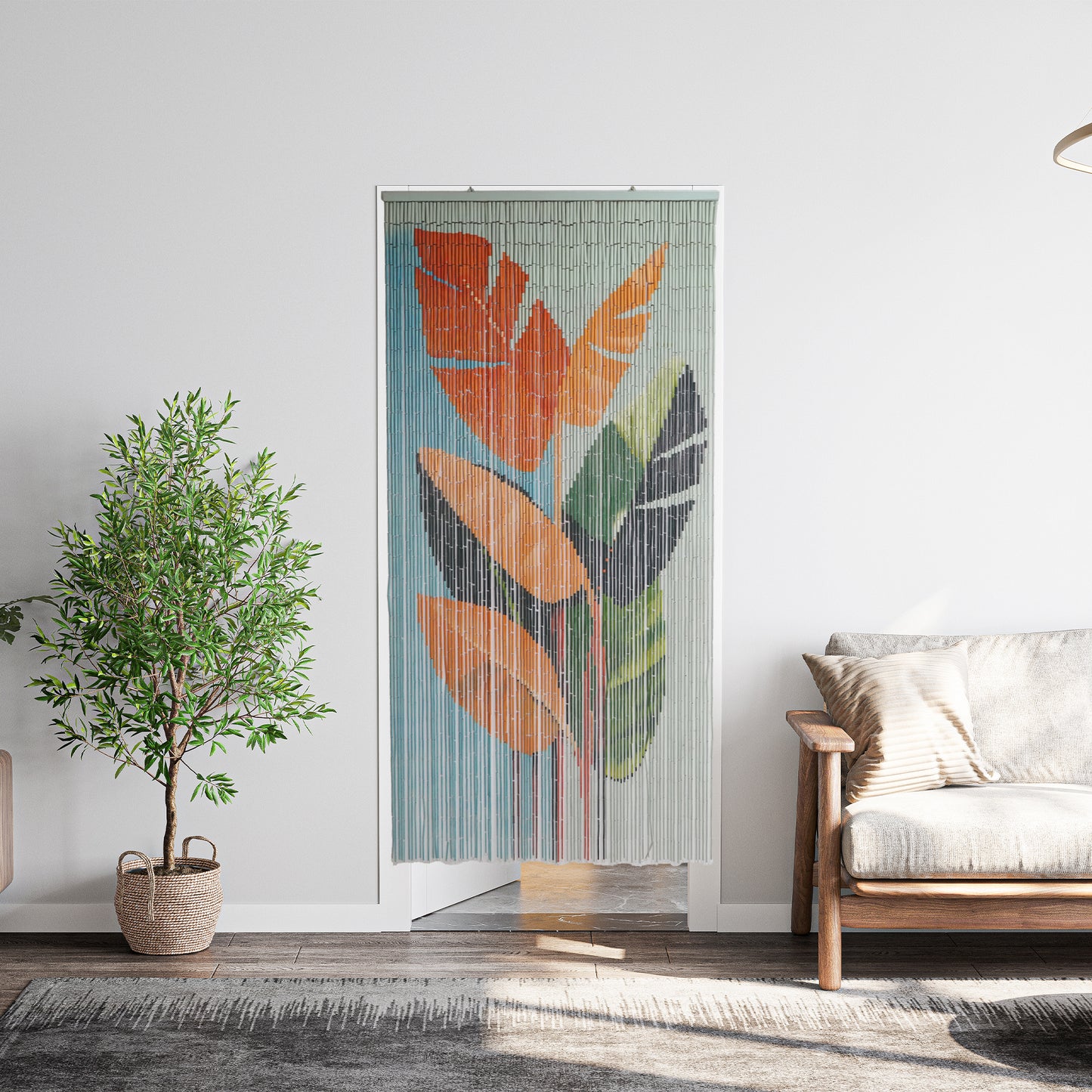 VIETBUD Tropical Bamboo Curtain Wall Art – Beaded Room Divider Panel with Leaf Print, Handcrafted Vietnamese Home Decor, 35.43" x 78.74"