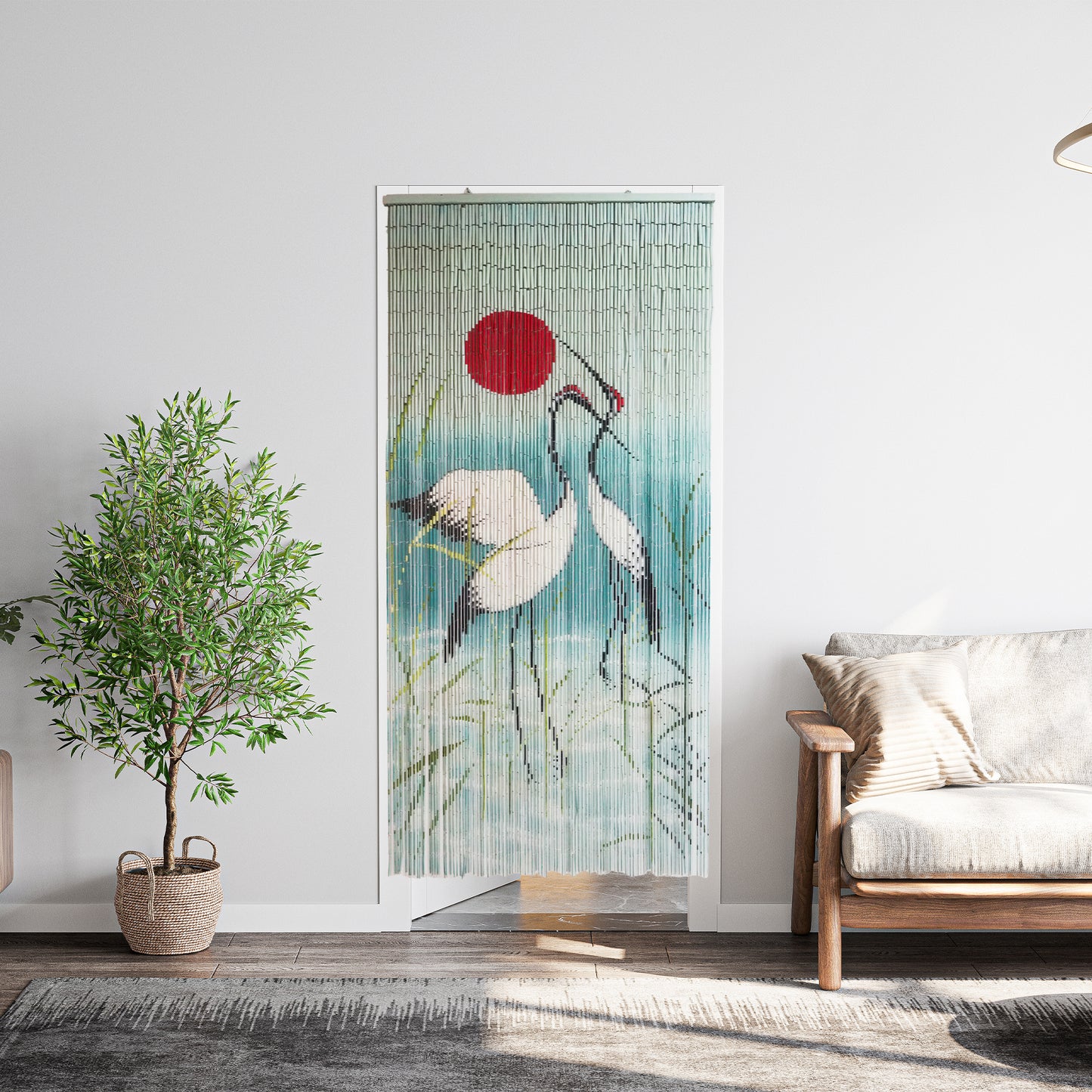 Vietbud Bamboo Curtain Divider – Cranes & Red Sun Wall Art, Natural Vietnamese Hanging Panel 35×79 in