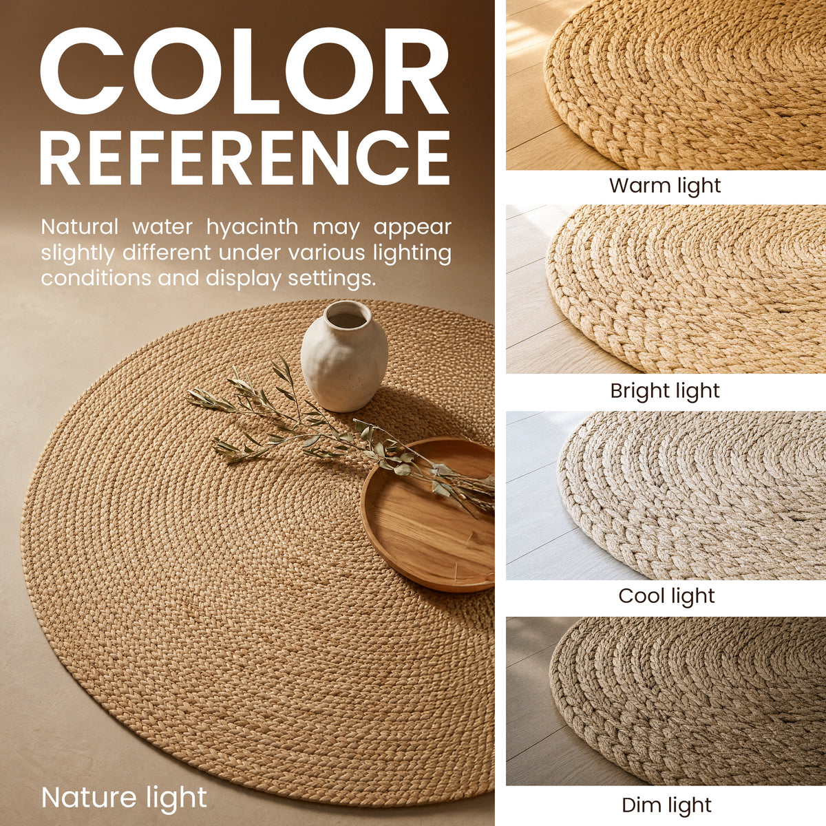 Vietbud Decor Water Hyacinth Round Handwoven Area Rug, 3 ft (91cm)