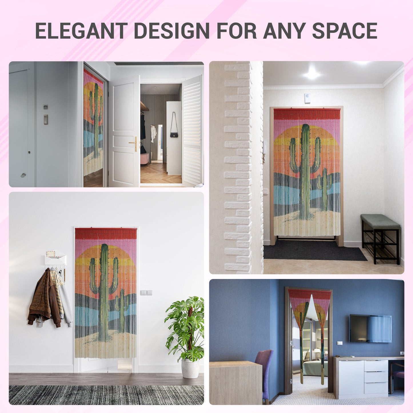 Vietbud Décor Bamboo Beaded Curtain with Cactus Print – Handmade Room Divider Wall Art + Easy Hanging Hooks for Doors & Windows – Natural Vietnamese Craft – 35.4 x 78.7 Inches