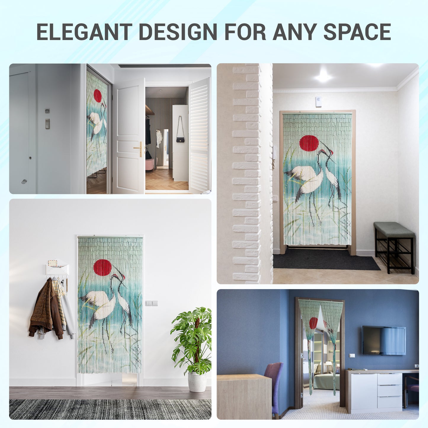 Vietbud Bamboo Curtain Divider – Cranes & Red Sun Wall Art, Natural Vietnamese Hanging Panel 35×79 in