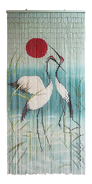 Vietbud Decor Bamboo Curtain Room Divider – Cranes with Red Sun Artwork, 90 × 200 cm – Natural Vietnamese Handcrafted Panel for Doorway, Wall Decor & Insect Barrier
