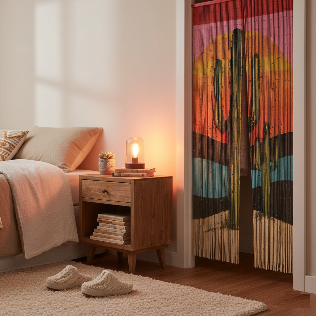 Vietbud Décor Bamboo Beaded Curtain with Cactus Print – Handmade Room Divider Wall Art + Easy Hanging Hooks for Doors & Windows – Natural Vietnamese Craft – 35.4 x 78.7 Inches