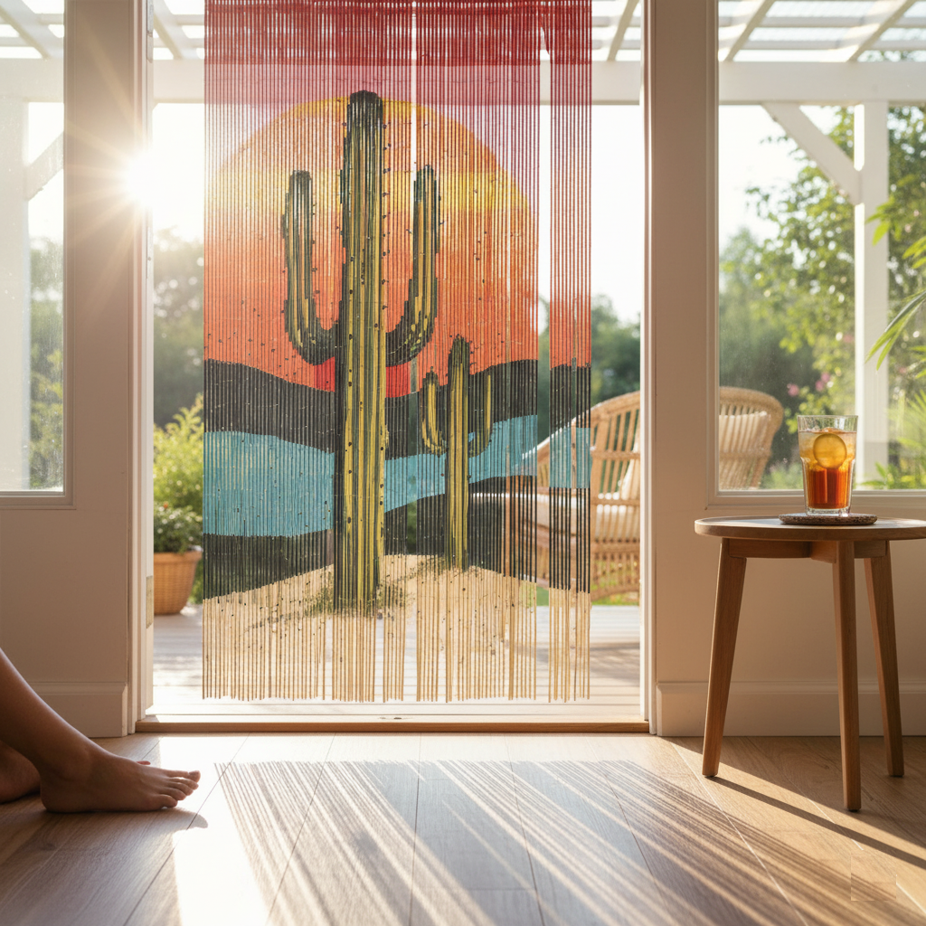 Vietbud Décor Bamboo Beaded Curtain with Cactus Print – Handmade Room Divider Wall Art + Easy Hanging Hooks for Doors & Windows – Natural Vietnamese Craft – 35.4 x 78.7 Inches